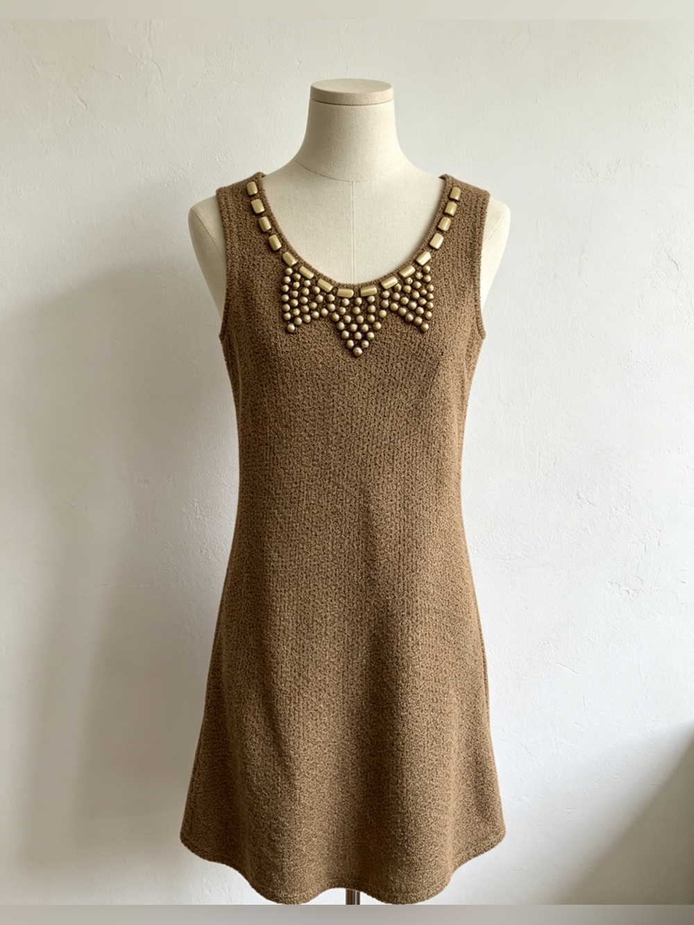Store Closing Stock ⭐️ Beaded Embellished Neckline Bodycon Knit Tank Dress Camel
